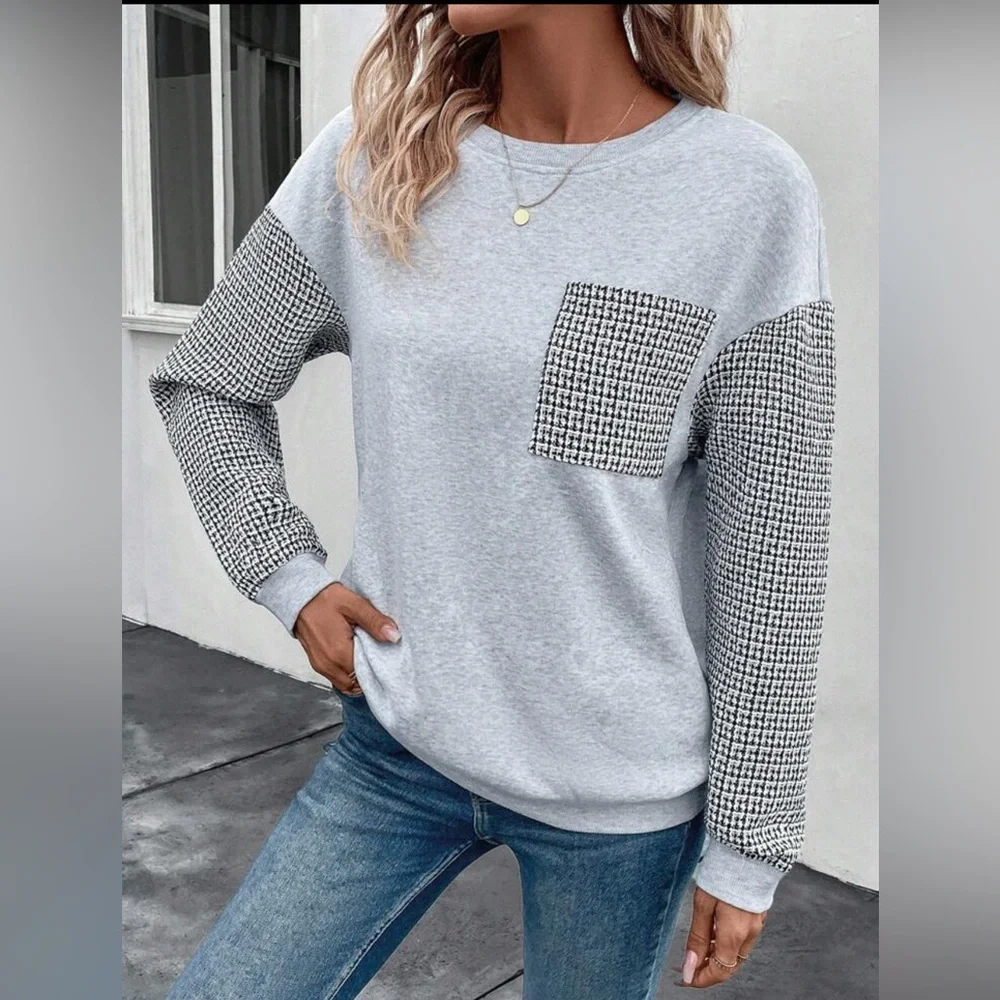 SHEIN- Houndstooth print drop Shoulder Sweatshirt - black / grey - size M - Picture 3 of 12